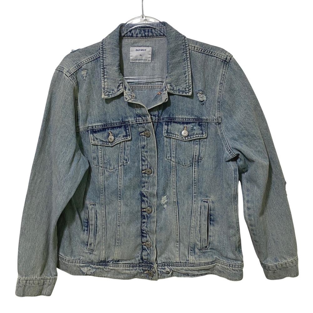 Old Navy Womens XL Light Wash Distressed Jean Jacket Trucker Boho Grunge Casual